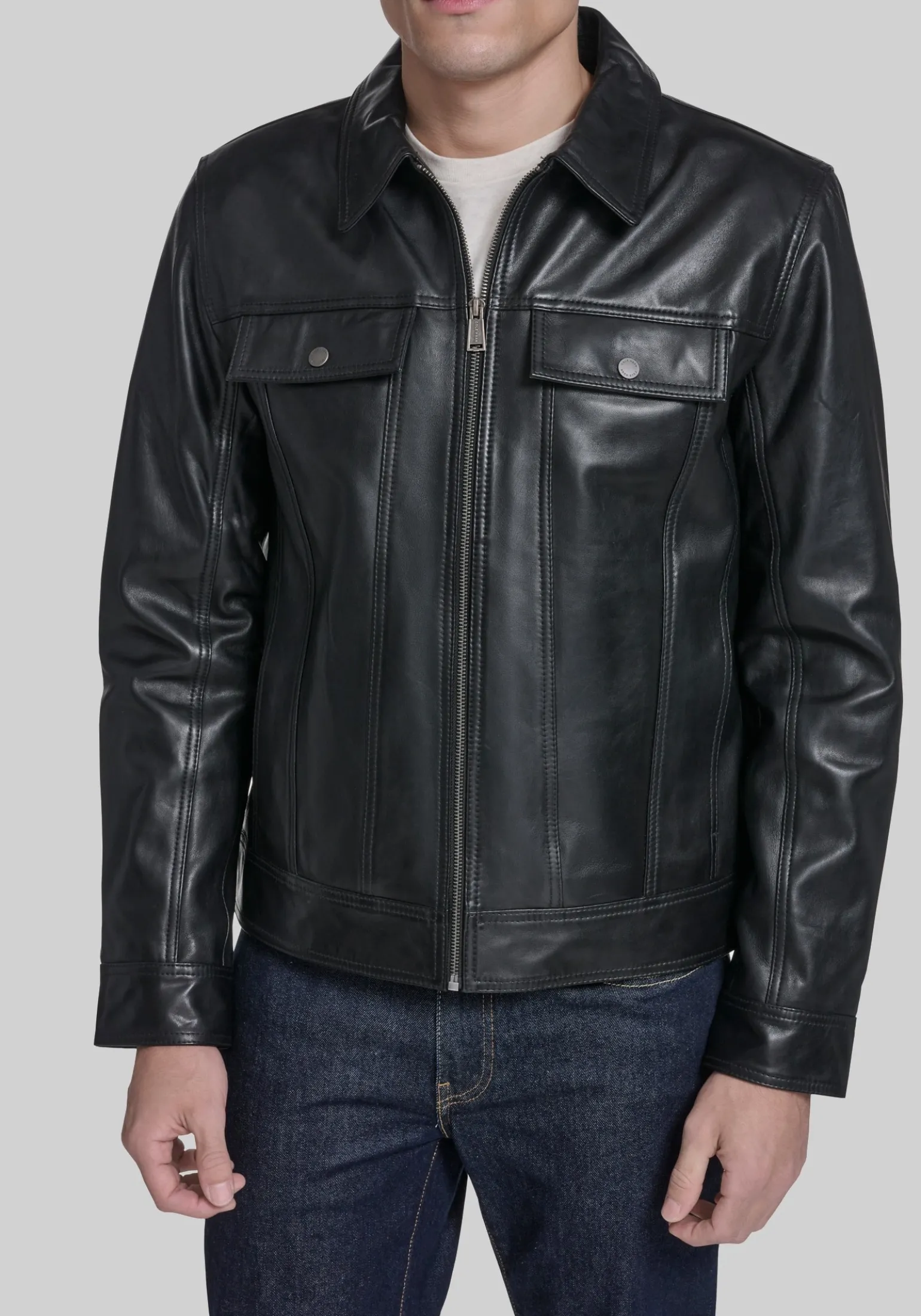 Cole Haan Traditional Fit Leather Trucker Jacket
