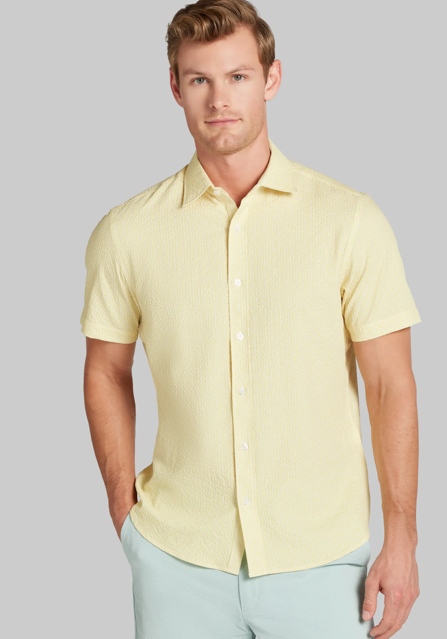 Con.Struct Slim Fit Solid Seersucker Short Sleeve Button Up Shirt - Big & Tall
