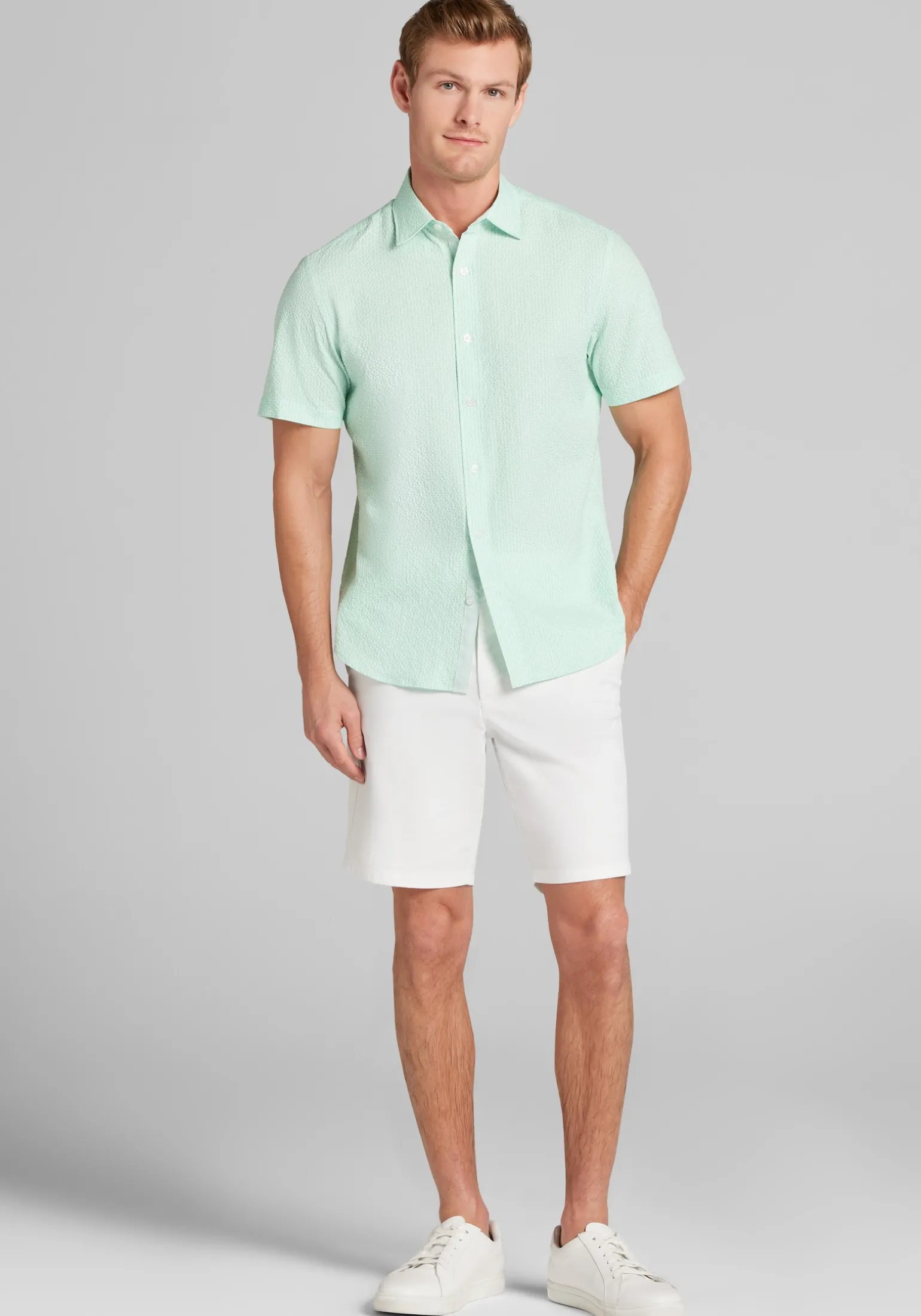 Con.Struct Slim Fit Solid Seersucker Short Sleeve Button Up Shirt