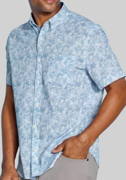 Johnston & Murphy Tailored Fit Floral Tile Short Sleeve Linen Blend Button Up Shirt