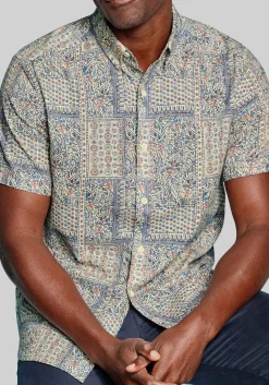 Johnston & Murphy Tailored Fit Floral Tile Short Sleeve Linen Blend Button Up Shirt