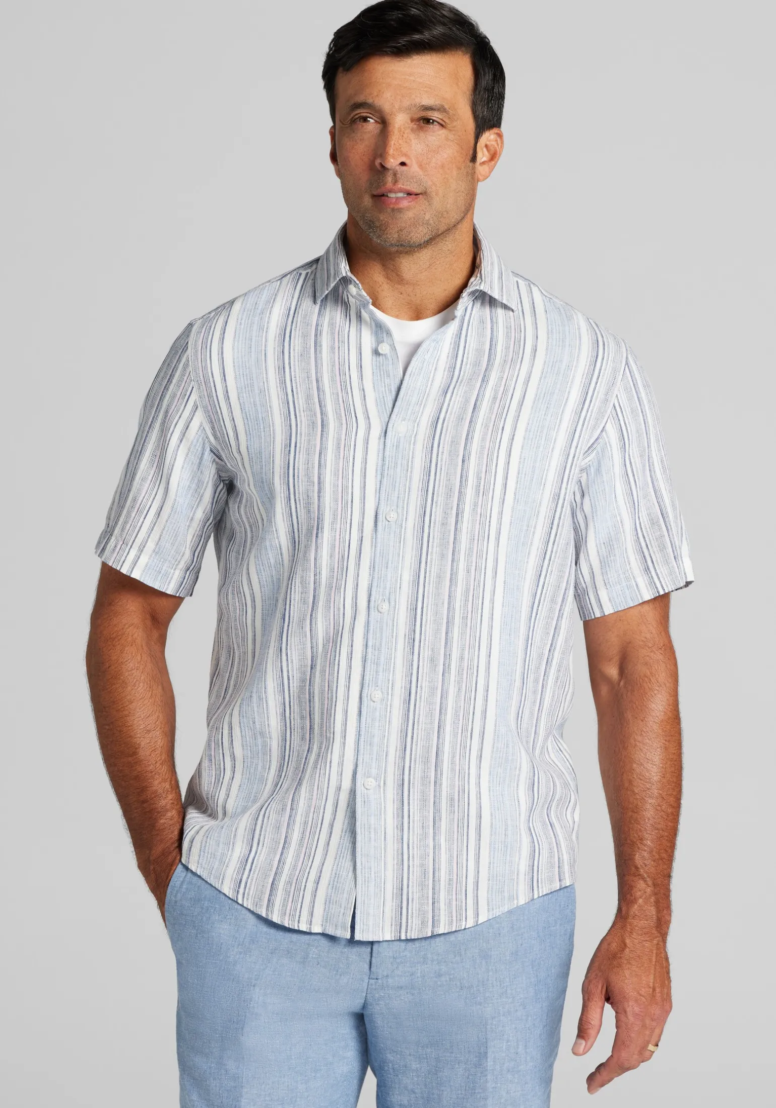 Jos. A. Bank Tailored Fit Ombre Stripe Linen Blend Short Sleeve Sportshirt CLEARANCE