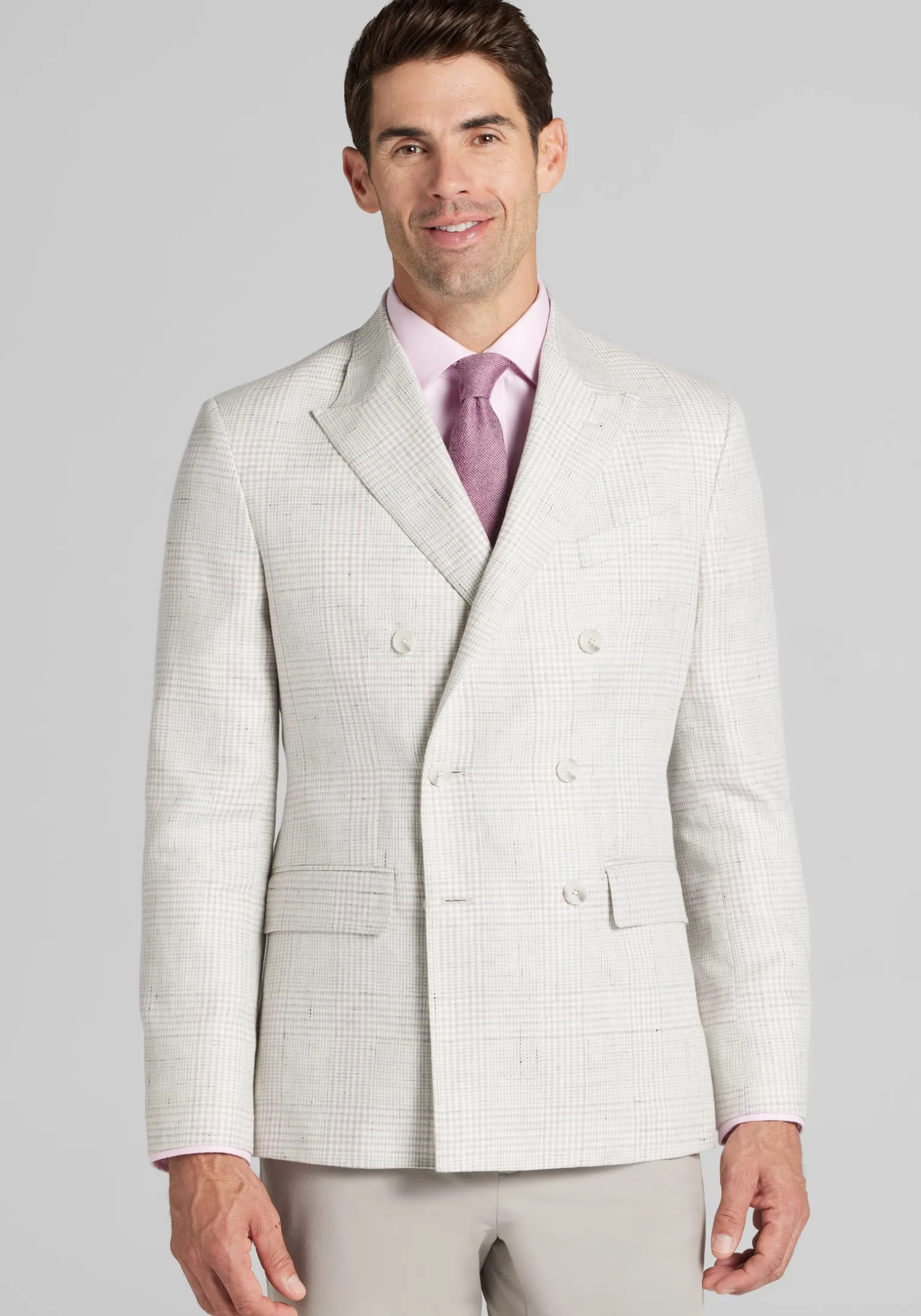 Reserve Collection Linen Blend Tailored Fit Double-Breasted Plaid Sportcoat - Big & Tall