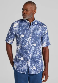 Reserve Collection Tailored Fit Monstera Leaf Linen Short Sleeve Button Up Shirt
