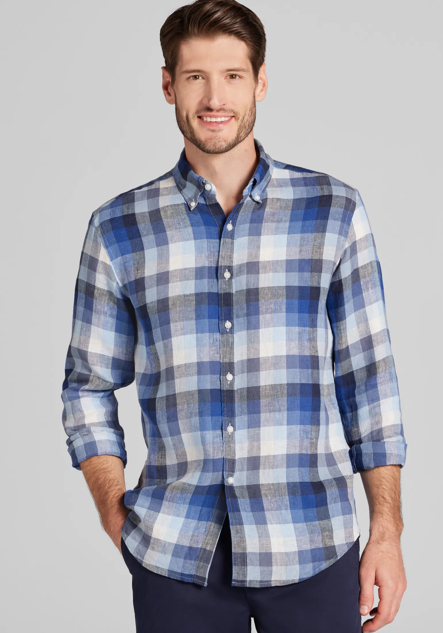 Reserve Collection Tailored Fit Tonal Check Linen Button Up Shirt