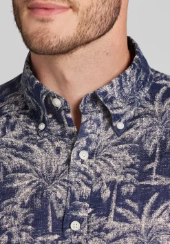 Reserve Collection Tailored Fit Faded Palm Tree Linen Button Up Shirt CLEARANCE