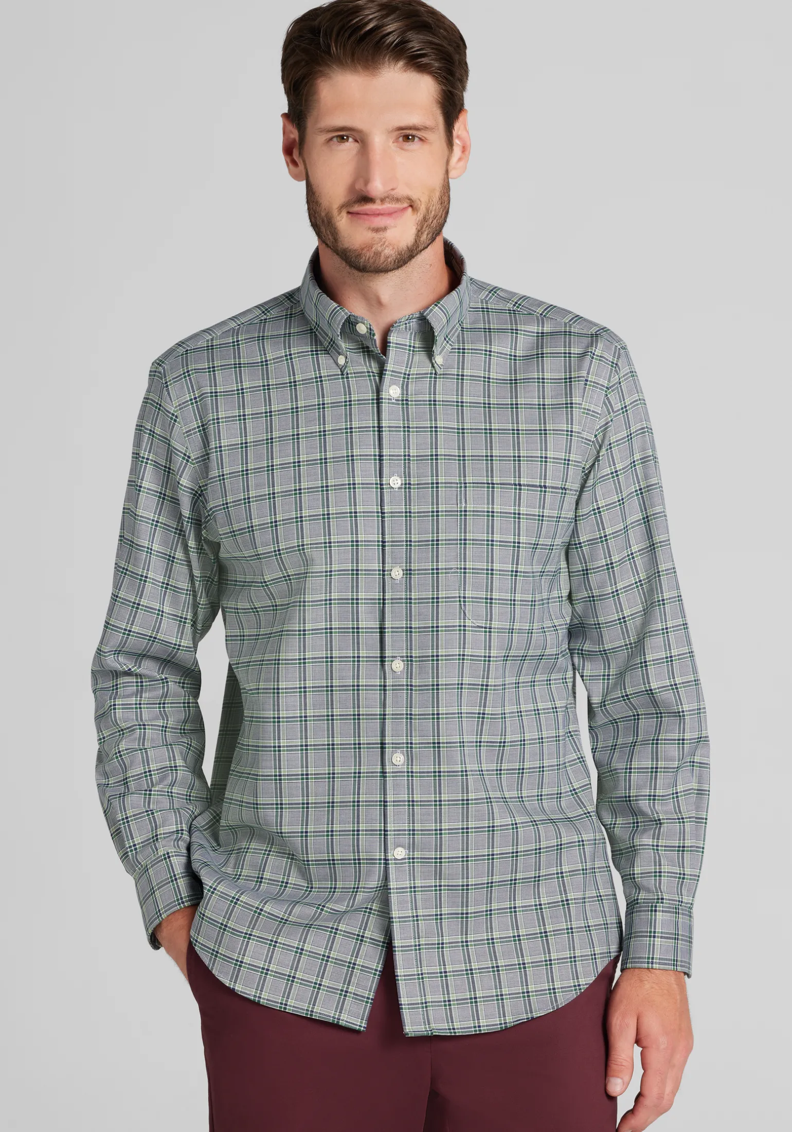 Traveler® Collection Tailored Fit Tartan Check Button Up Shirt - Big & Tall