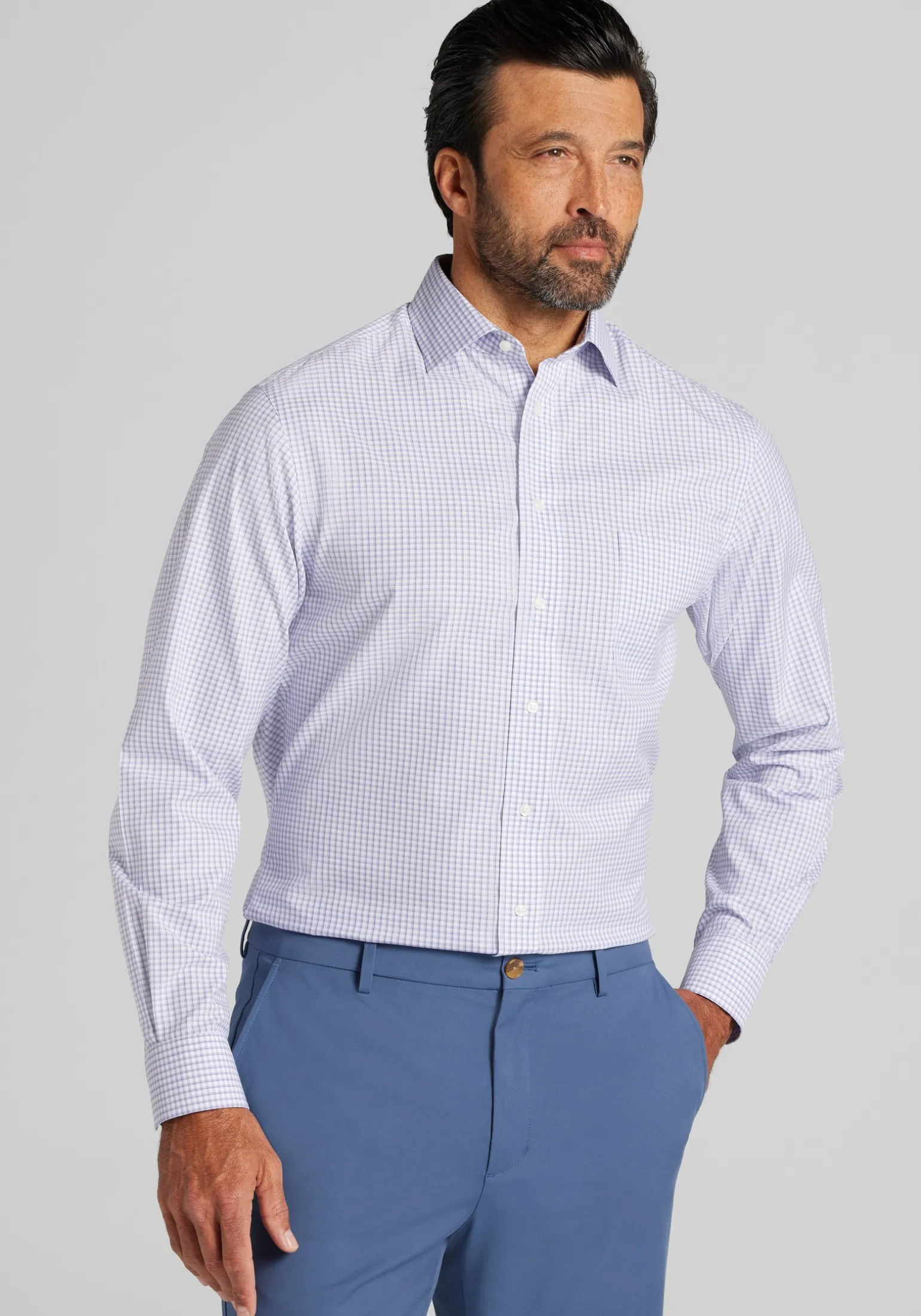 Traveler® Collection Tailored Fit Spread Collar Grid Dress Shirt