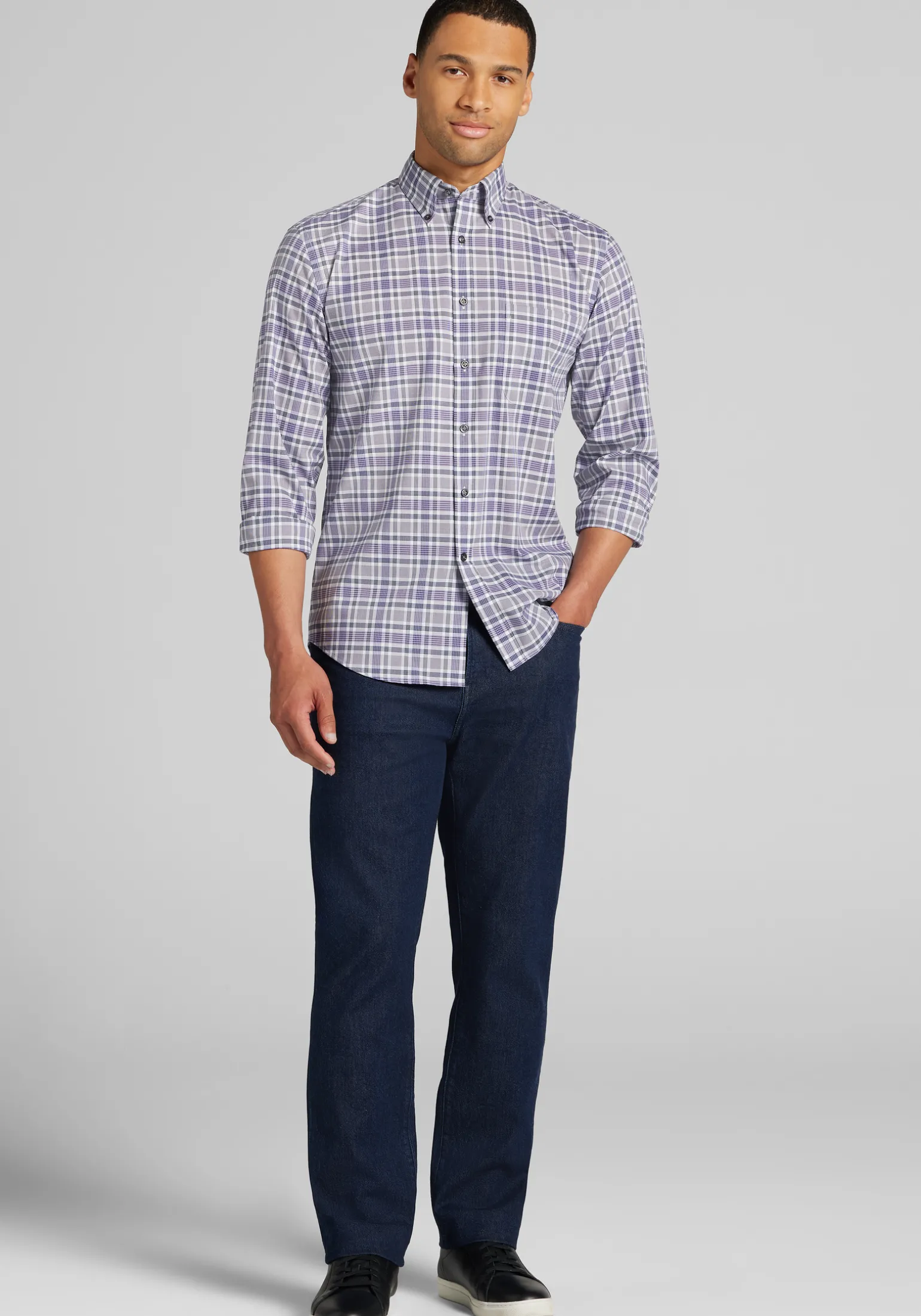 Traveler® Collection Tailored Fit Grid Check Button Up Shirt