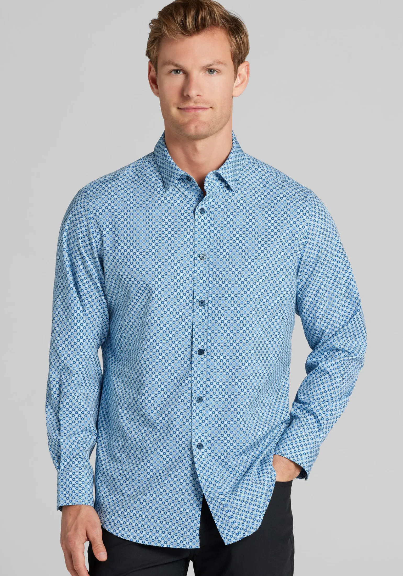 Traveler® COOLMOTION Tailored Fit Geometric 4-Way Stretch Button Up Shirt