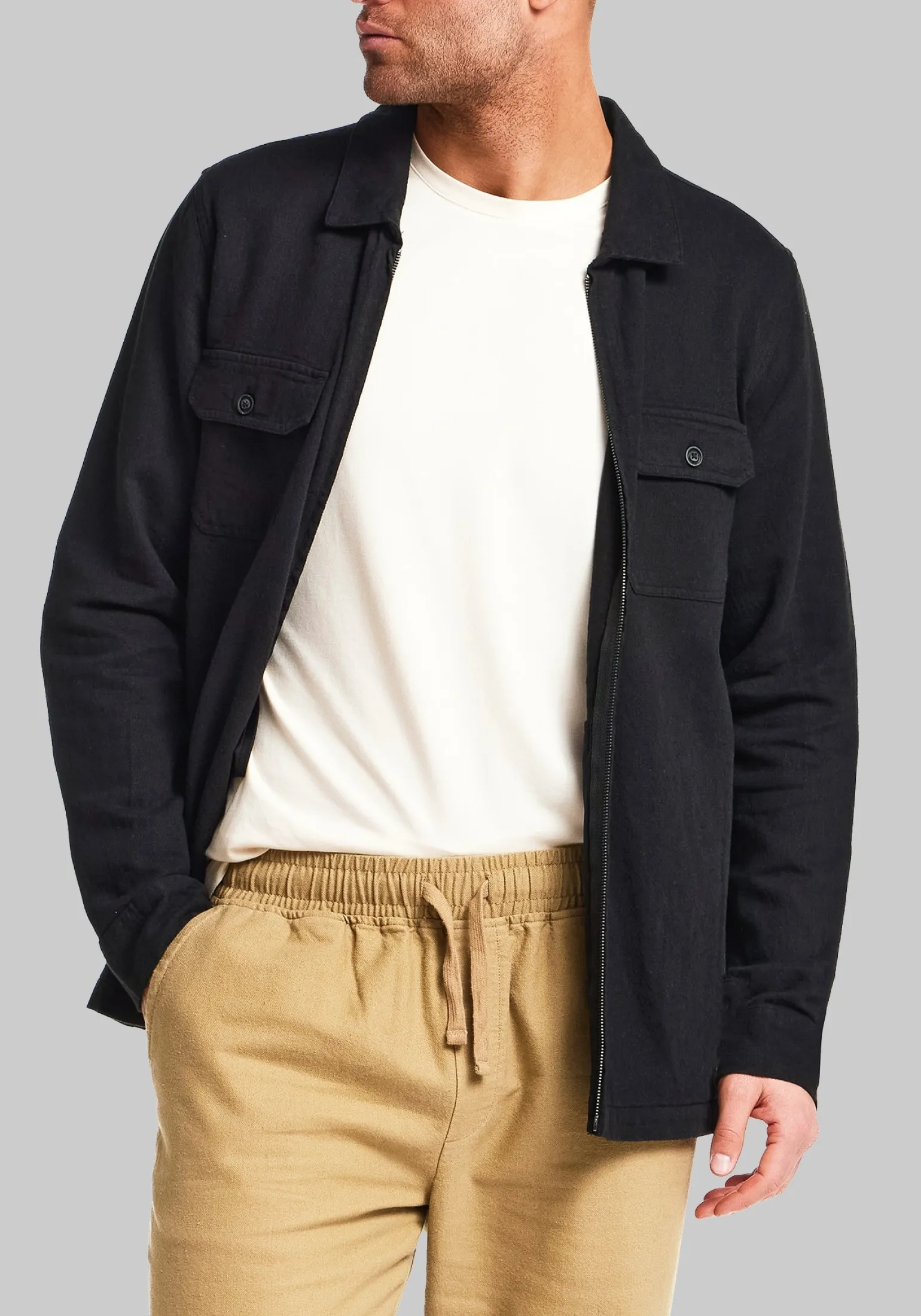 Vintage & Black Traditional Fit Linen-Blend Zip-Up Overshirt