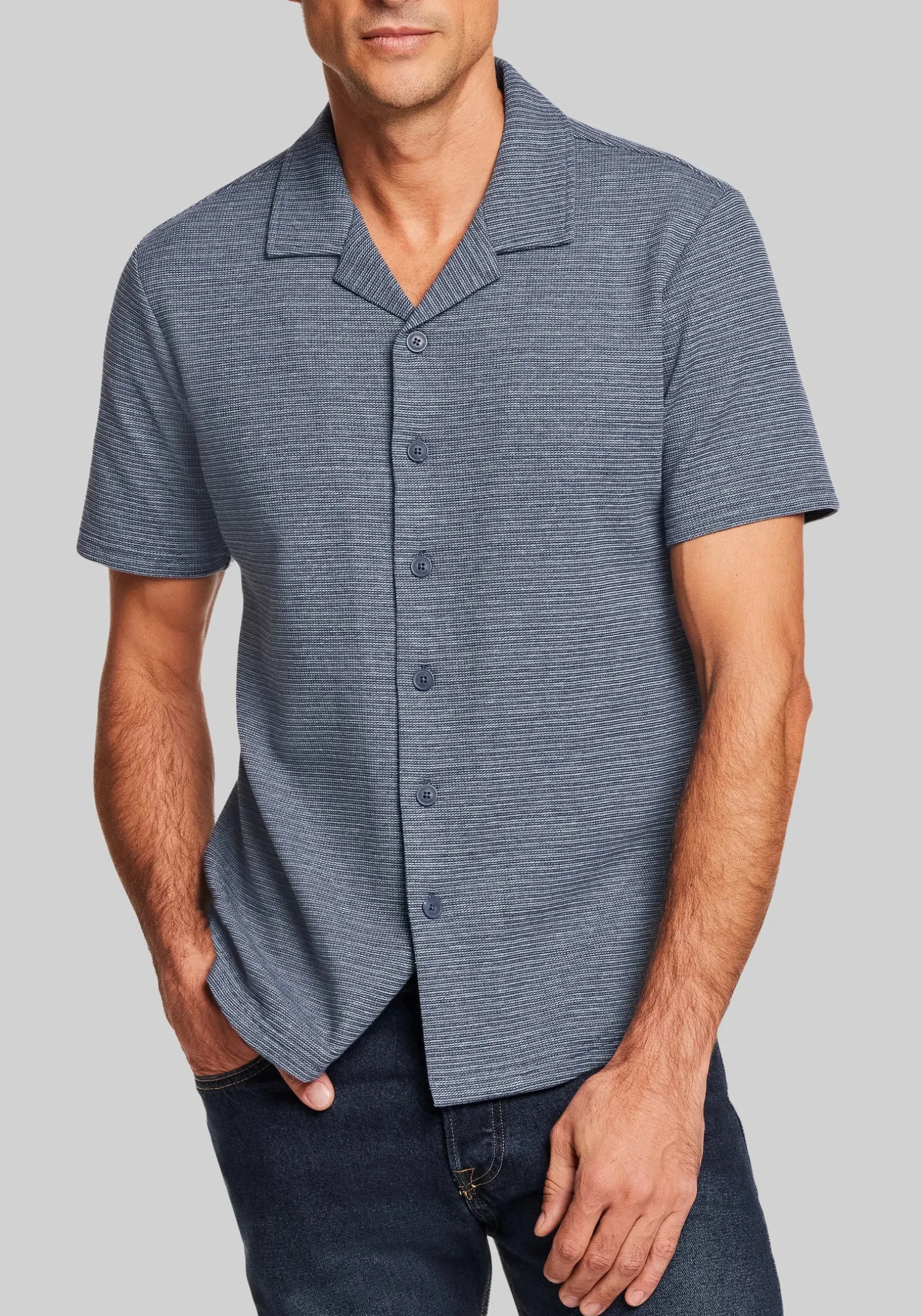 Weatherproof Vintage Traditional Fit Variegated Microstripe Coatfront Knit Button Up Shirt