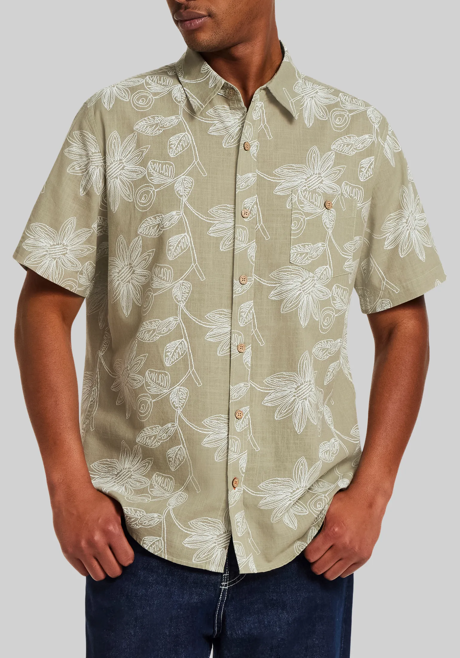 Weatherproof Vintage Traditional Fit Oversize Floral Faux Linen Button Up Shirt